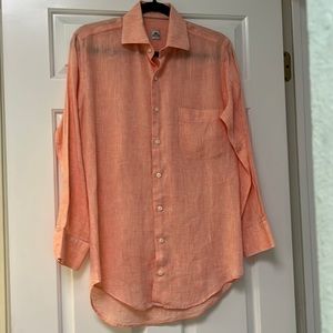 Peter Millar Linen Peach Shirt w/pocket S. Chest 38 inches Length 30 inches.